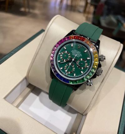 Rolex Daytona Replica with Rainbow Diamond Bezel 316L Steel 43mm Japan Quartz Movement Rubber Strap Watch